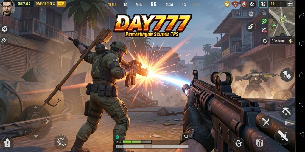 Tampilan gameplay DAY777 menampilkan aksi seru dalam pertarungan TPS.