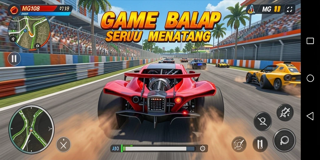 Screenshot gameplay MG108 menampilkan aksi balap yang menegangkan.