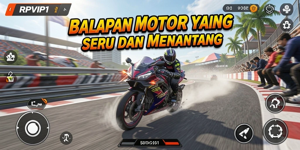 Screenshot gameplay RPVIP1 menunjukkan balapan motor yang mendebarkan.