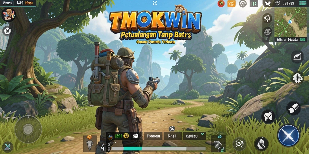 Screenshot gameplay TMOKWIN menunjukkan petualangan di dunia terbuka.