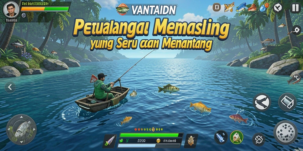 Tampilan gameplay VANTAIDN dengan aktivitas memancing yang seru.